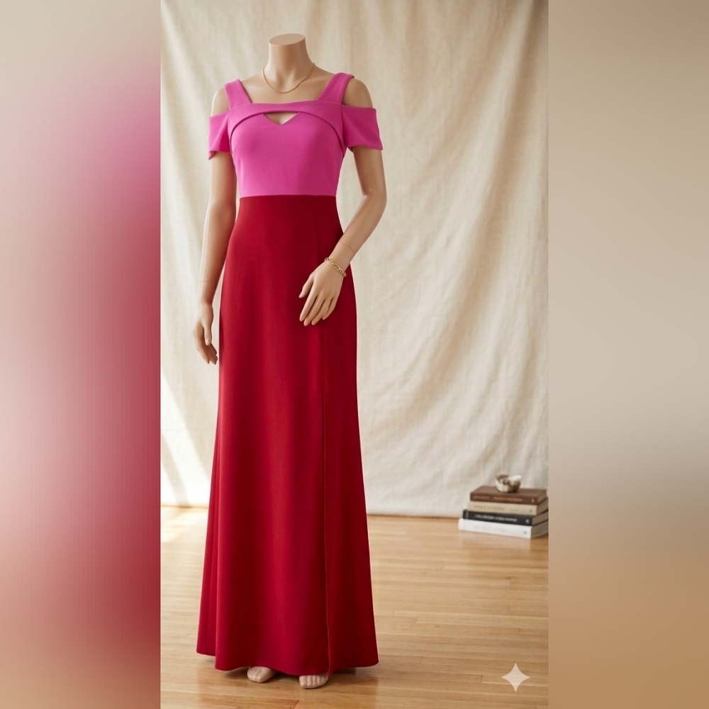 Nightway Colorblock Gown Dress Pink Red Off Shoulder Cold Shoulder Formal 12 New